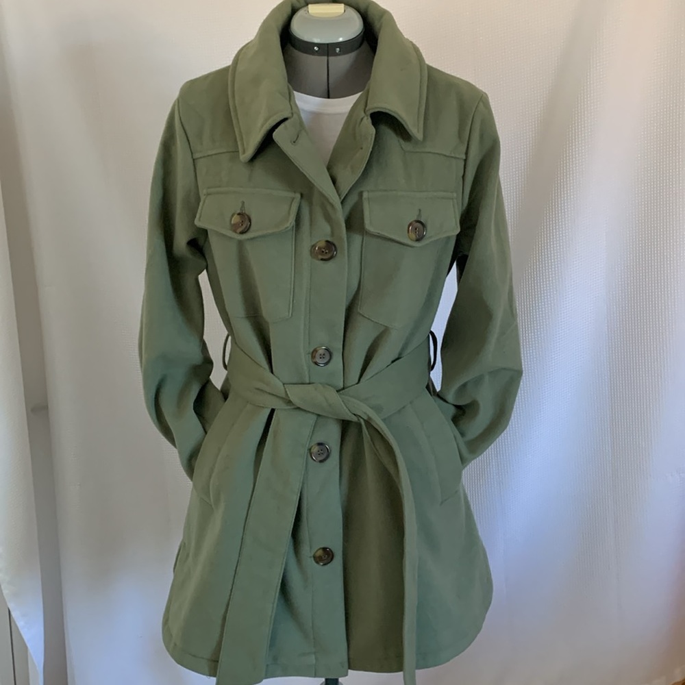 Women’s Steve Madden juniors belted shirt jacket pea coat moss green - Picture 2 of 6